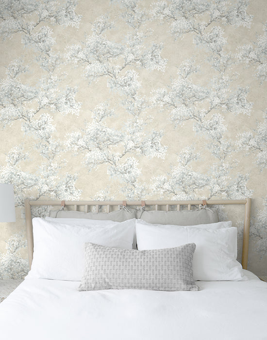 NextWall Cherry Blossom Grove Parchment & Morning Fog Wallpaper NW50105