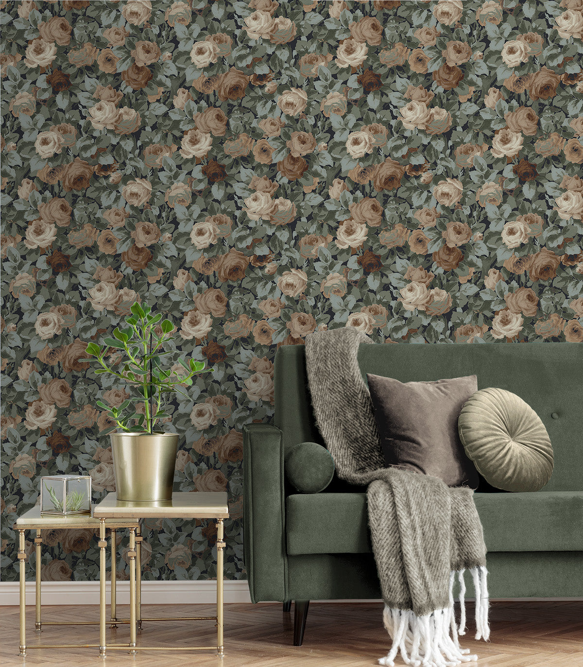 NextWall Rose Garden Midnight Blue & Cafe Wallpaper Sample NW52402