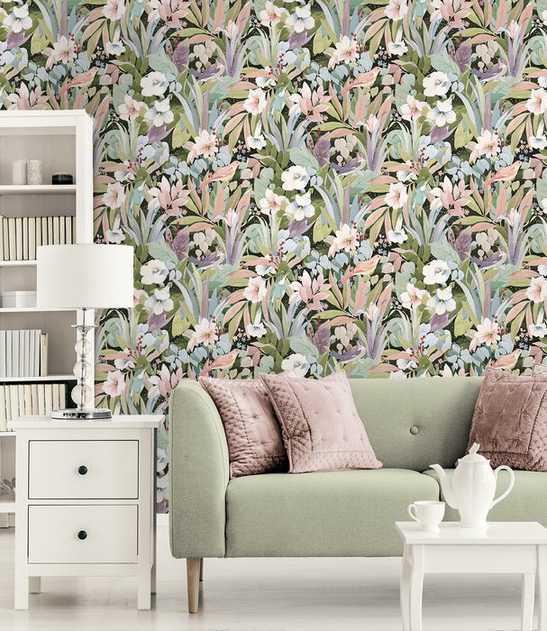 NextWall Blossoming Birds Forest & Petal Pink Wallpaper Sample NW52505