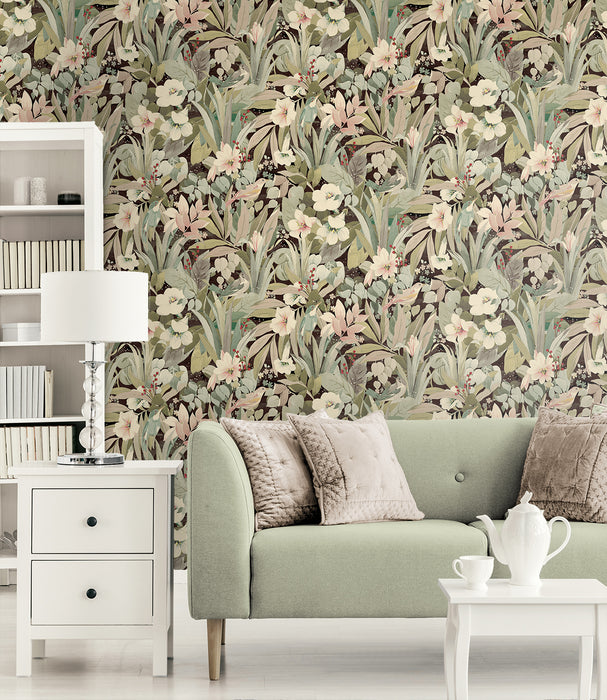 NextWall Blossoming Birds Sage & Ash Brown Wallpaper Sample NW52506