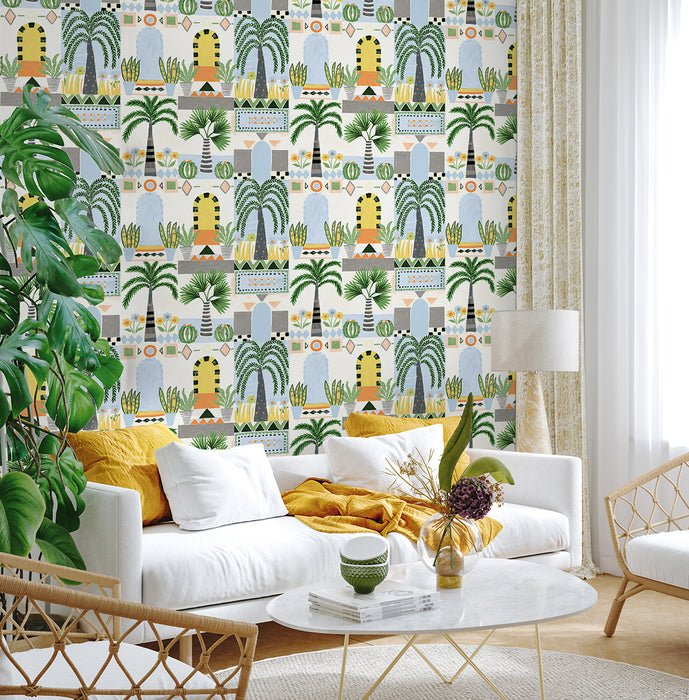 NextWall Tropical Facade Sky Blue & Off-white Wallpaper Sample NW52600