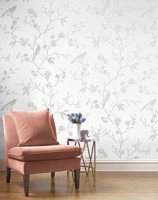 NextWall Songbird Chinoiserie Nickel Wallpaper Sample NW53400