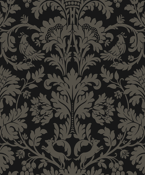 NextWall Ansel Damask Ebony & Pavestone Wallpaper Sample NW57710