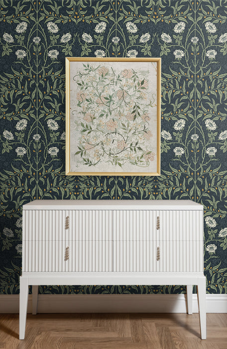 Seabrook Designs Stenciled Floral Prepasted Navy & Sage Wallpaper Sample PR10202