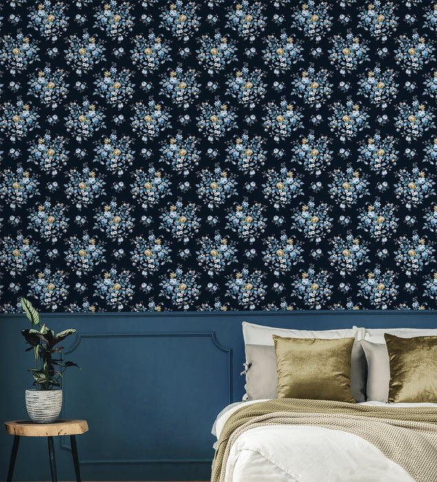 Seabrook Designs Floral Bouquet Prepasted Midnight Blue & Toffee Wallpaper Sample PR12602
