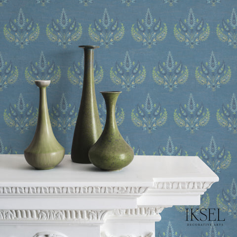 Schumacher Embroidered Flowers Denim Blue Wallpaper Sample RW204CR21-255