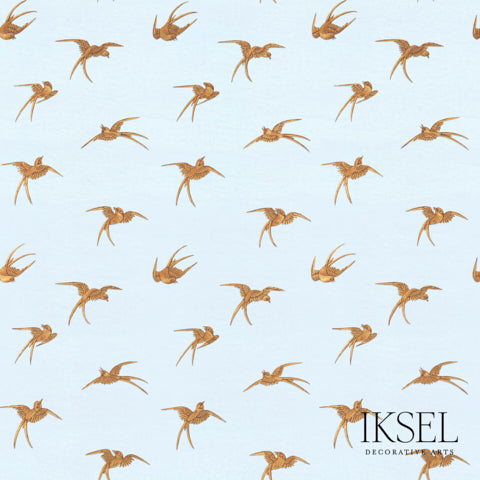Schumacher Japanese Birds Sky Blue-Gold Wallpaper Sample RW602CR40-375