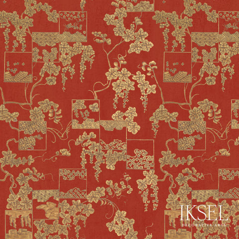 Schumacher Japanese Hokkaido Burgundy-Gold Wallpaper Sample RW603CR39-255