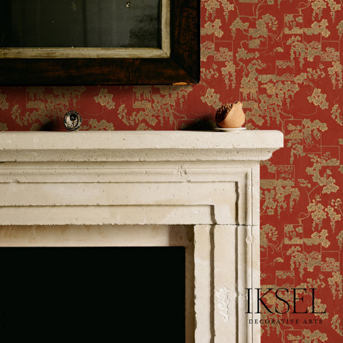 Schumacher Japanese Hokkaido Burgundy-Gold Wallpaper Sample RW603CR39-255