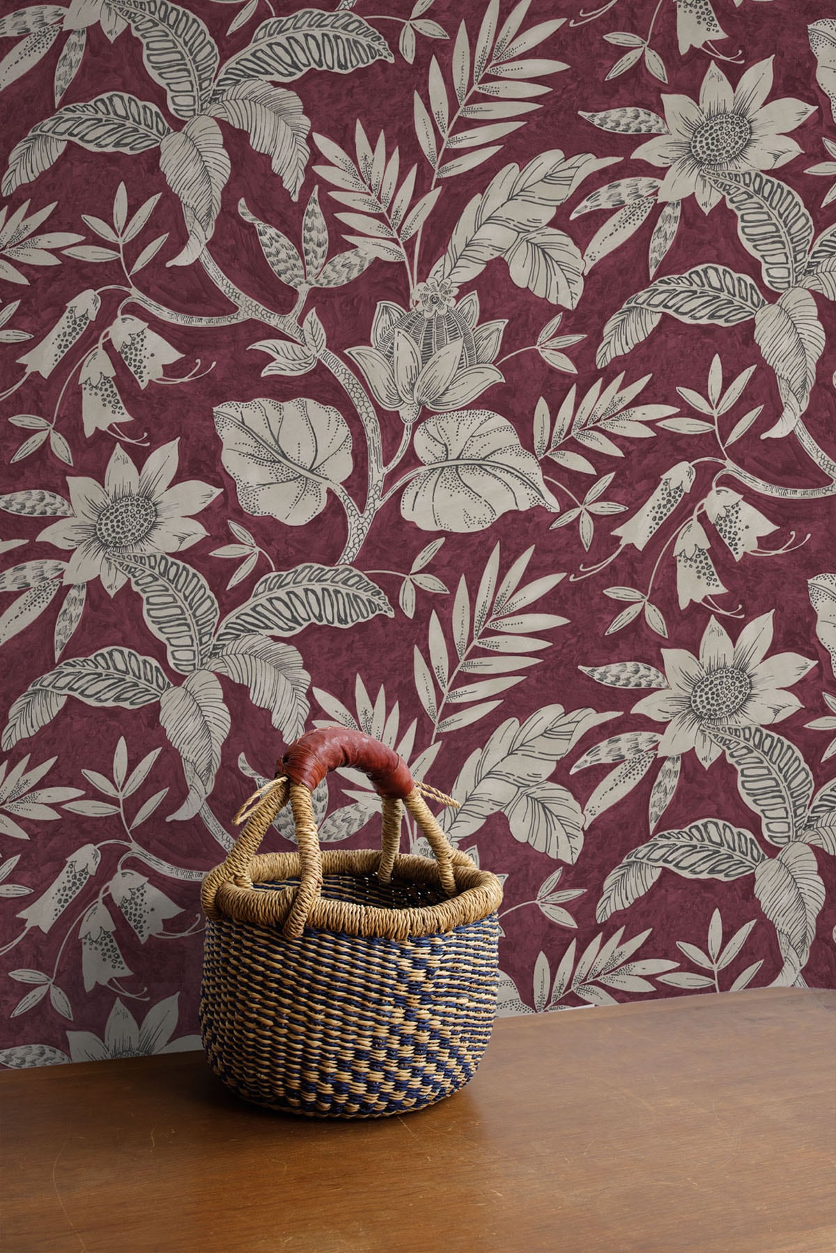 Seabrook Designs Rainforest Leaves Cranberry And Stone Wallpaper Sample RY30201
