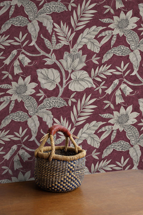 Seabrook Designs Rainforest Leaves Cranberry And Stone Wallpaper Sample RY30201