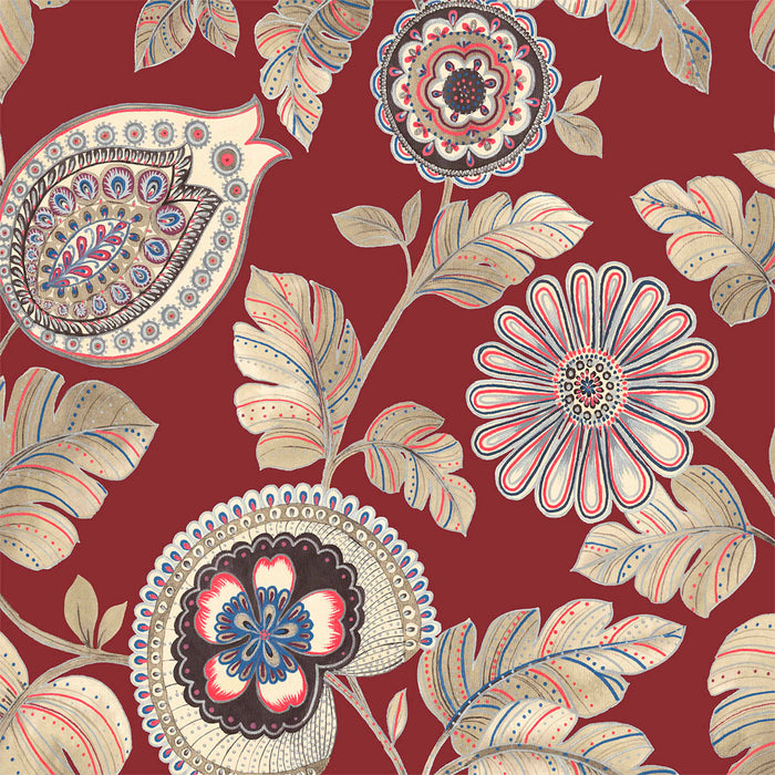 Seabrook Designs Calypso Paisley Leaf Fabric Cabernet And Coral Fabric Sample RY31901F