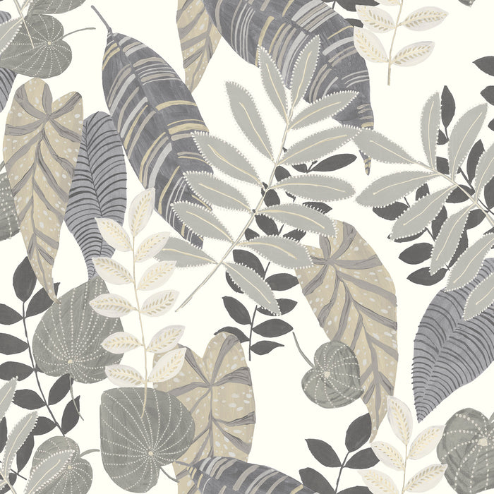 Seabrook Designs Tropicana Leaves Fabric Charcoal, Stone, And Daydream Gray Fabric Sample RY32008F
