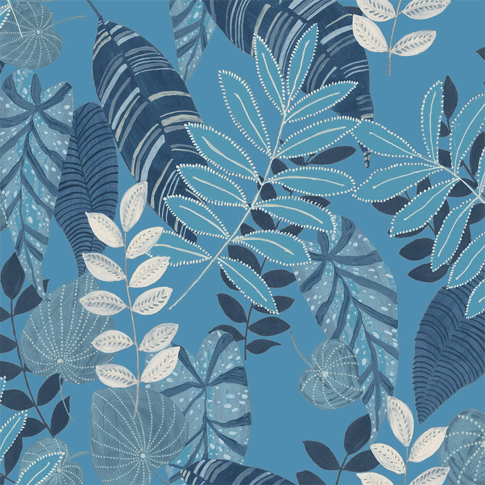 Seabrook Designs Tropicana Leaves Fabric Sky Blue And Champlain Fabric Sample RY32012F