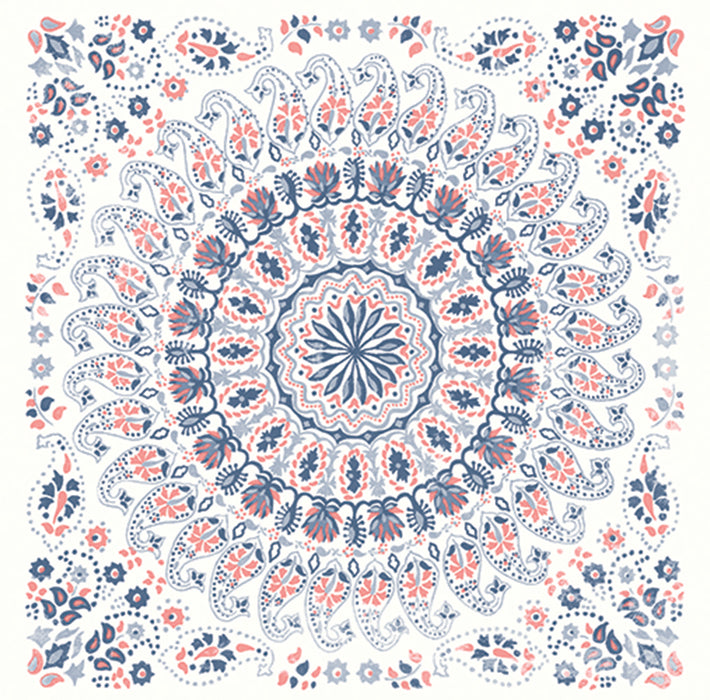 Seabrook Designs Mandala Boho Tile Fabric Coral, Cream, And Midnight Blue Fabric Sample RY32306F