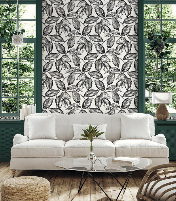 Seabrook Designs Beckett Sketched Leaves Volcanic Black Wallpaper Sample SC20000