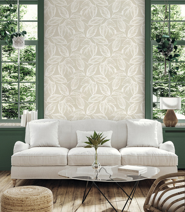 Seabrook Designs Beckett Sketched Leaves Oat Wallpaper Sample SC20005