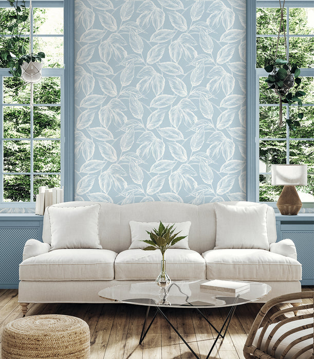 Seabrook Designs Beckett Sketched Leaves Baby Blue Wallpaper Sample SC20022