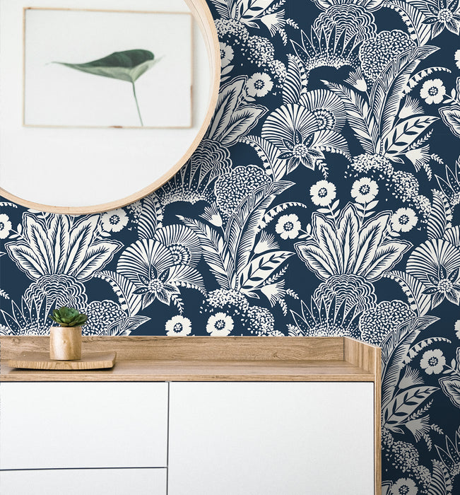 Seabrook Designs Suvi Palm Grove Nautical Blue Wallpaper Sample SC20102