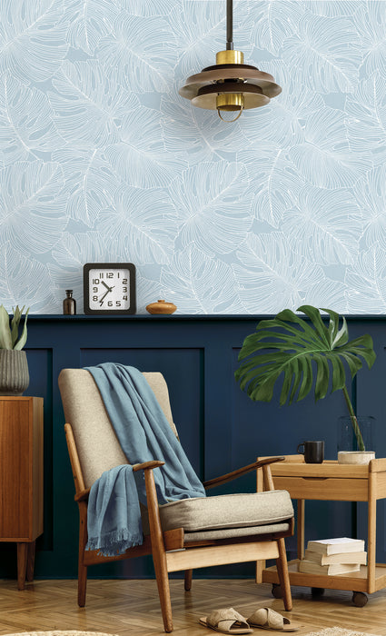 Seabrook Designs Tarra Monstera Leaf Early Sky Wallpaper Sample SC20202