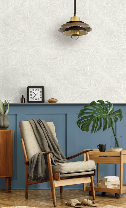 Seabrook Designs Tarra Monstera Leaf White Sand Wallpaper Sample SC20205