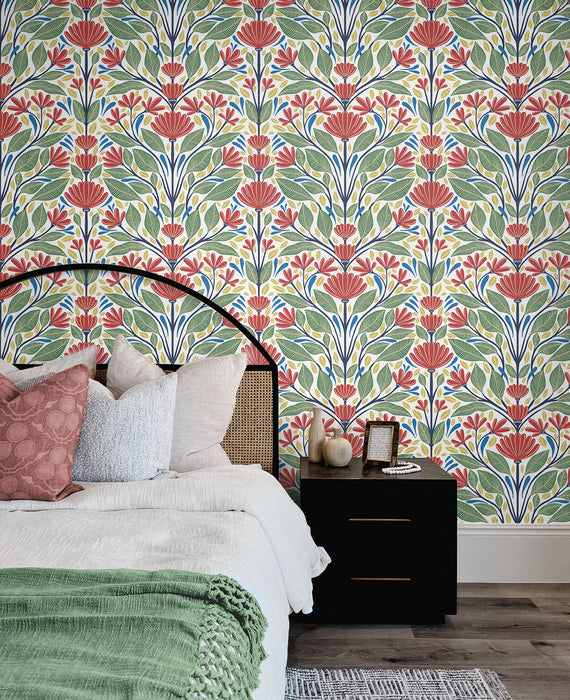 Seabrook Designs Carmela Folk Floral Primaries Wallpaper Sample SC20601