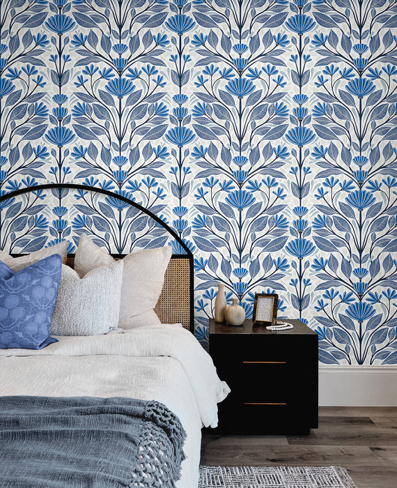 Seabrook Designs Carmela Folk Floral True Blue Wallpaper Sample SC20602