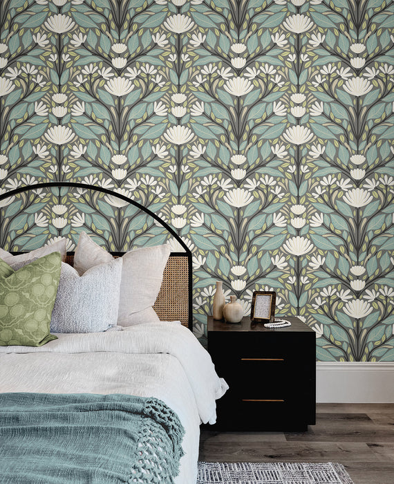 Seabrook Designs Carmela Folk Floral Spirit Grey Wallpaper Sample SC20608