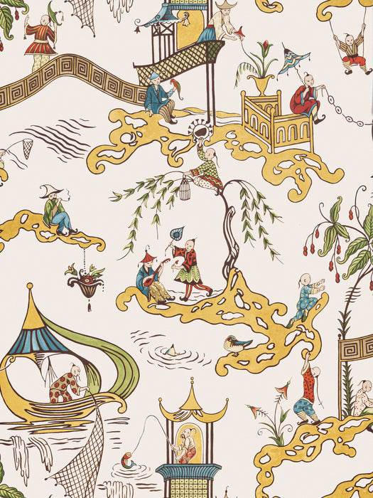 Scalamandre Ping - Wallcovering Cream Multi Wallpaper Sample SCWP16254D0001