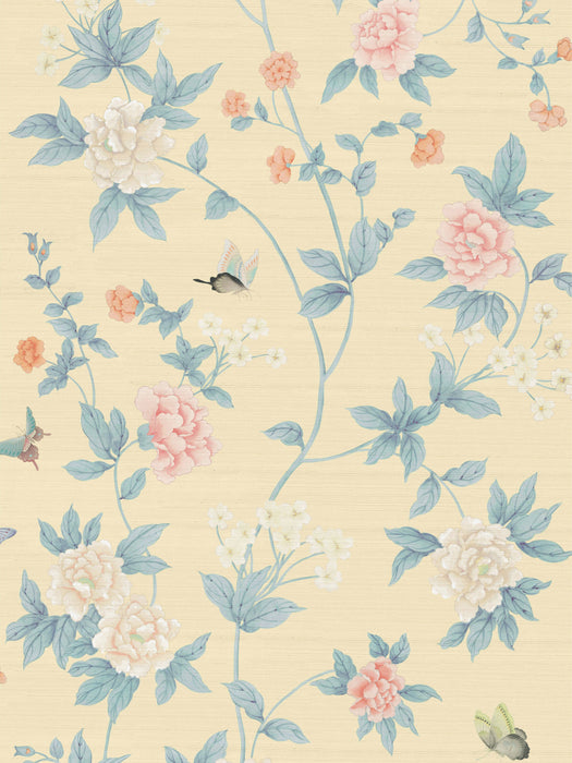 Scalamandre Luoyang Garden Sisal Lemon Teal Wallpaper SCWP88382D0005