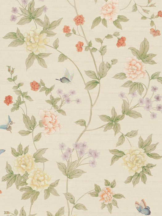 Scalamandre Luoyang Garden Sisal Antiqued Gold Coral Wallpaper SCWP88382D0008