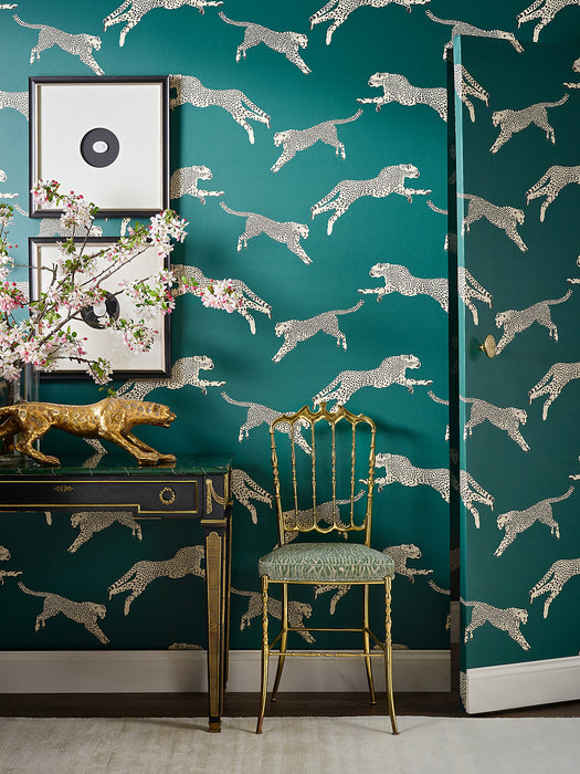 Scalamandre Leaping Cheetah Evergreen Wallpaper SCWP884490006