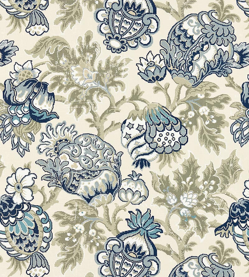 Scalamandre Canterbury Linen Print Oyster & Indigo Fabric SC165930001
