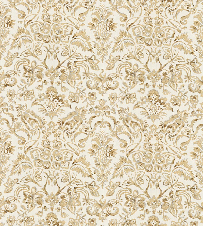 Scalamandre Mansfield Damask Print Ivory & Burnished Gold Fabric SC165980001