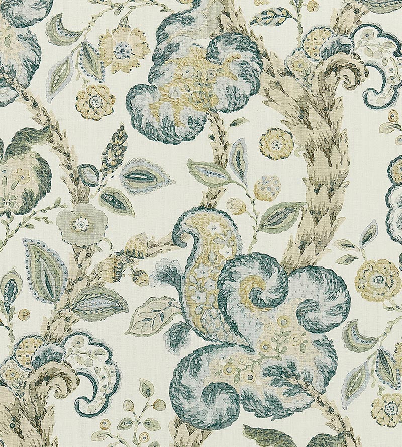 Scalamandre Cumbria Hand Block Print Aquamarine On Ivory Fabric Sample SC166030001