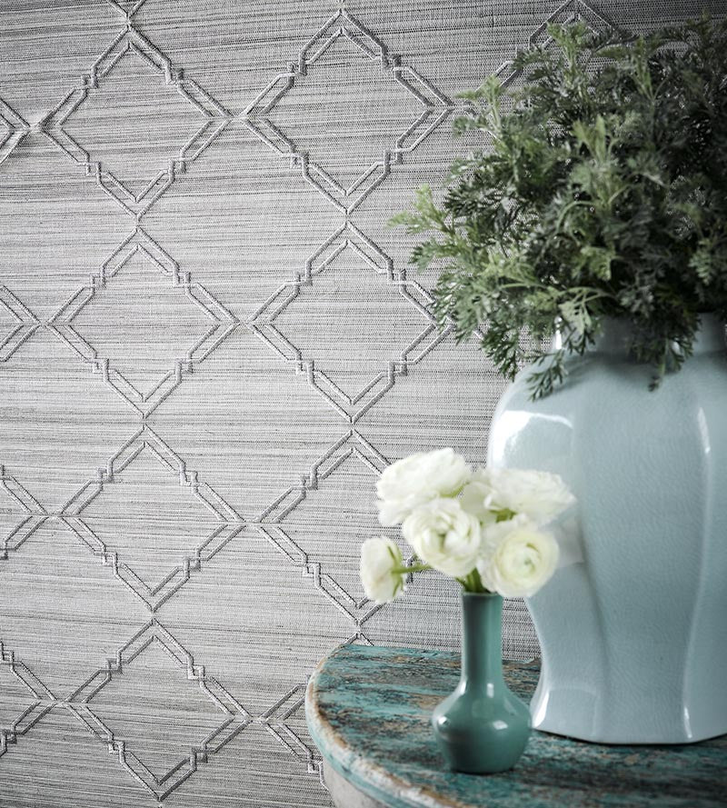 Scalamandre Monroe Embroidered Grasscloth Glacier Wallpaper Sample SCWP883830001
