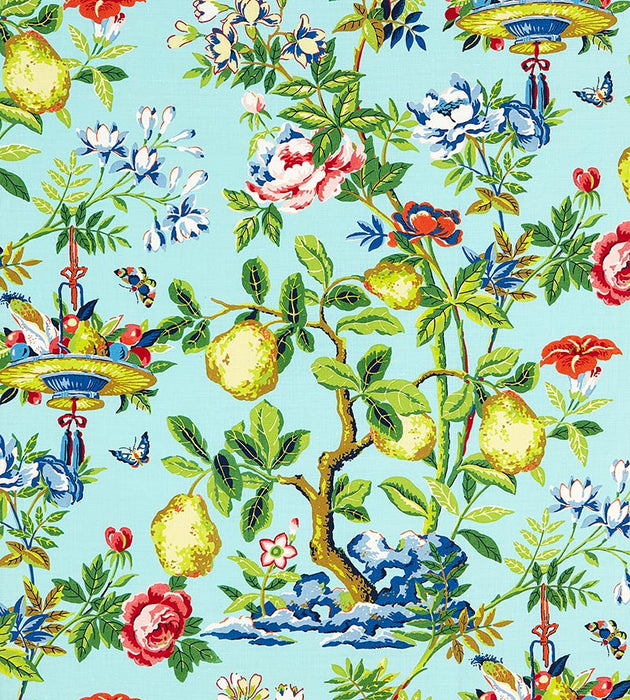 Scalamandre Shantung Garden Cotton Print Aquamarine Fabric Sample SC165830002