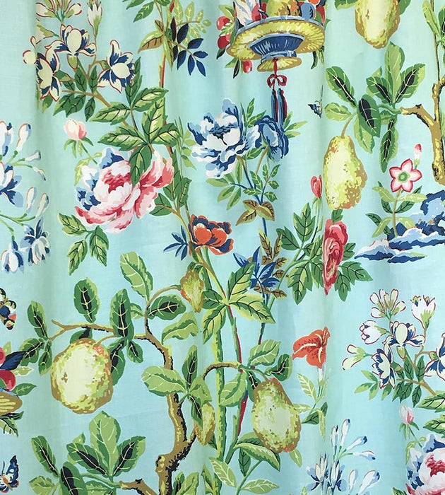 Scalamandre Shantung Garden Cotton Print Aquamarine Fabric Sample SC165830002