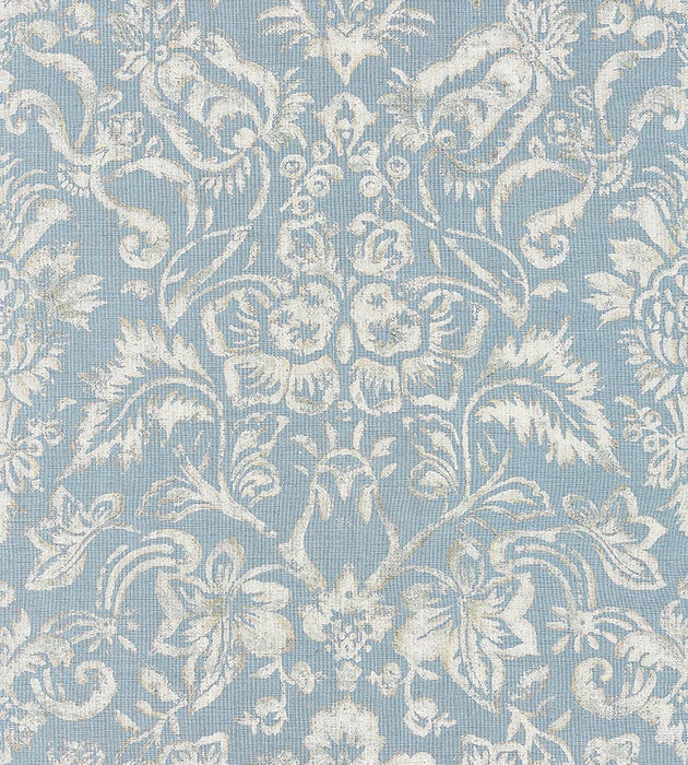 Scalamandre Mansfield Damask Print Bluestone & Silver Fabric Sample SC165980002