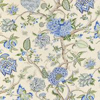 Scalamandre Pondicherry Cotton Print Blue, Green On Cream Fabric SC164300003