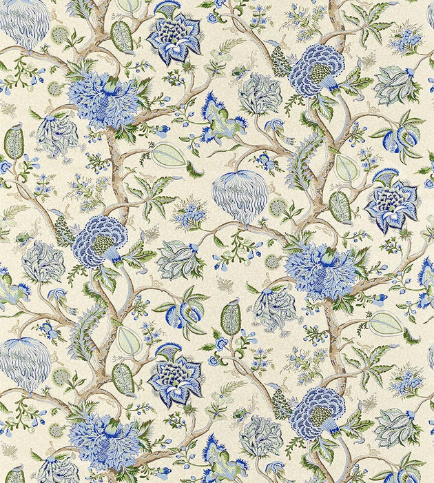 Scalamandre Pondicherry Cotton Print Blue, Green On Cream Fabric SC164300003