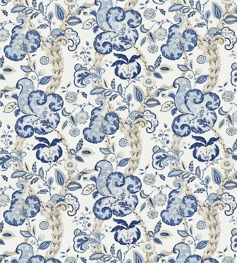 Scalamandre Cumbria Hand Block Print China Blue On Ivory Fabric Sample SC166030003