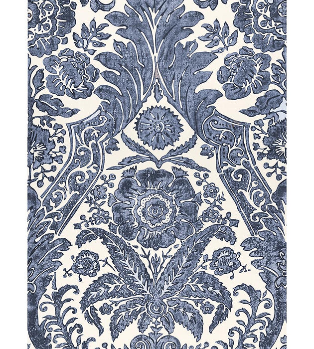 Scalamandre Luciana Damask Print Denim Wallpaper Sample SCWP883540003