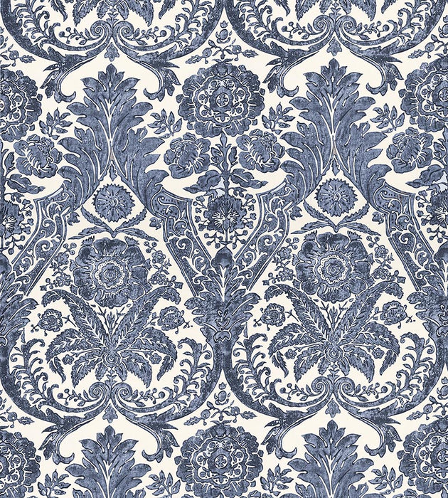 Scalamandre Luciana Damask Print Denim Wallpaper Sample SCWP883540003