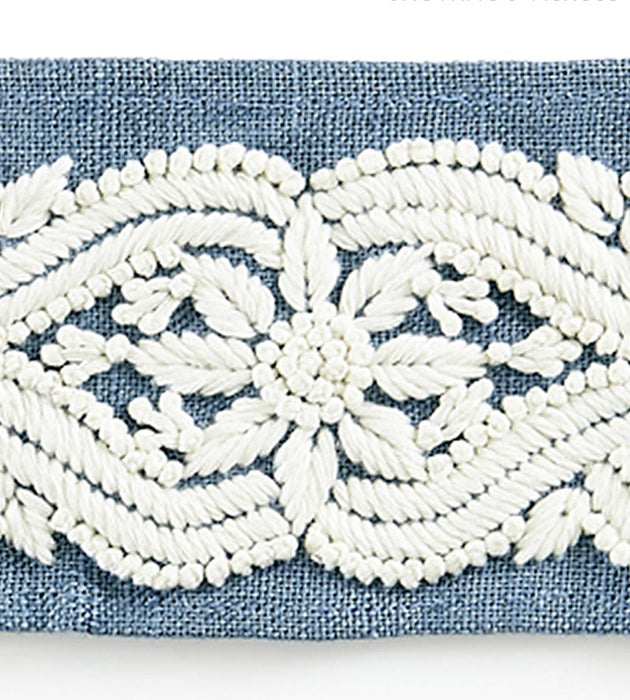 Scalamandre Linnea Embroidered Tape Copenhagen Blue Trim Sample SCT32980004