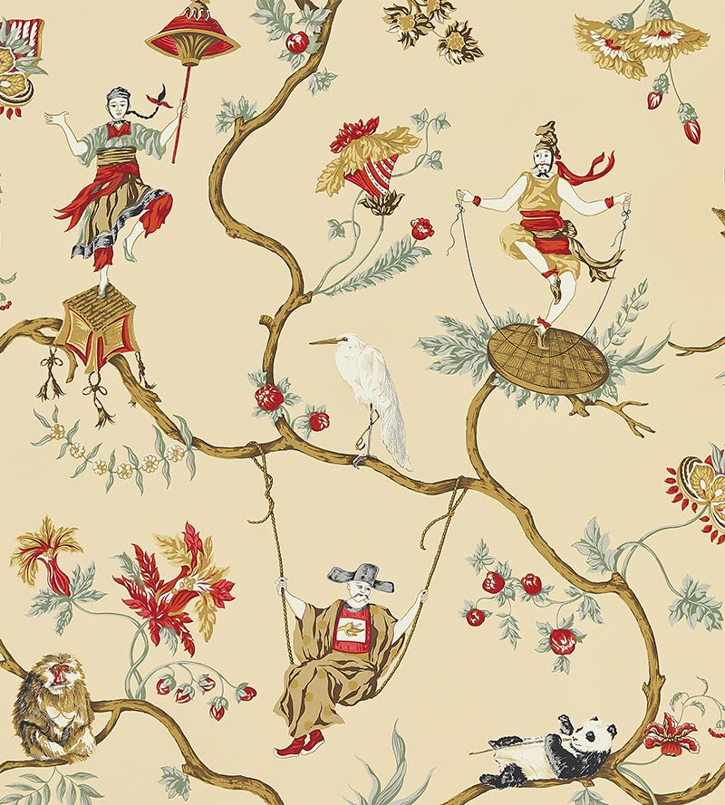 Scalamandre Ming Circus Multi On Tea Wallpaper Sample SCWP816050004