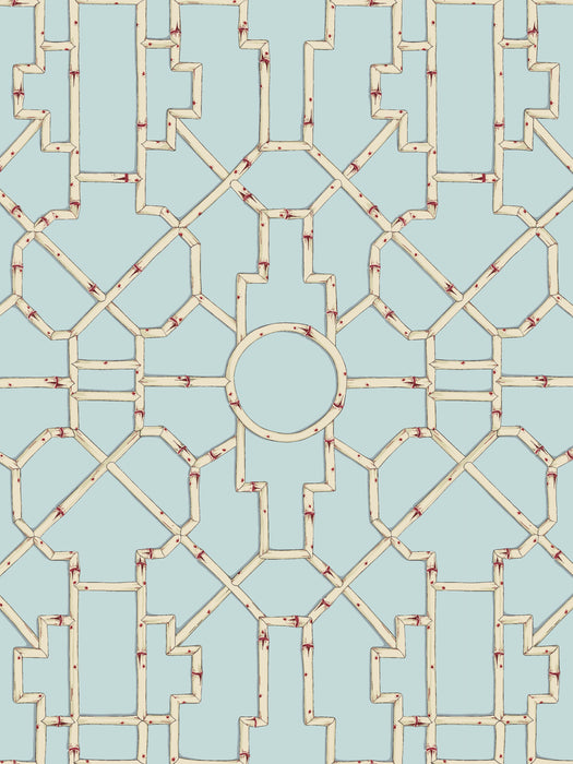 Scalamandre Baldwin Bamboo Cream & Red On Aqua Wallpaper Sample SCWP81630D0004