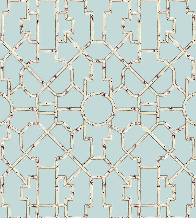 Scalamandre Baldwin Bamboo Cream & Red On Aqua Wallpaper SCWP816300004