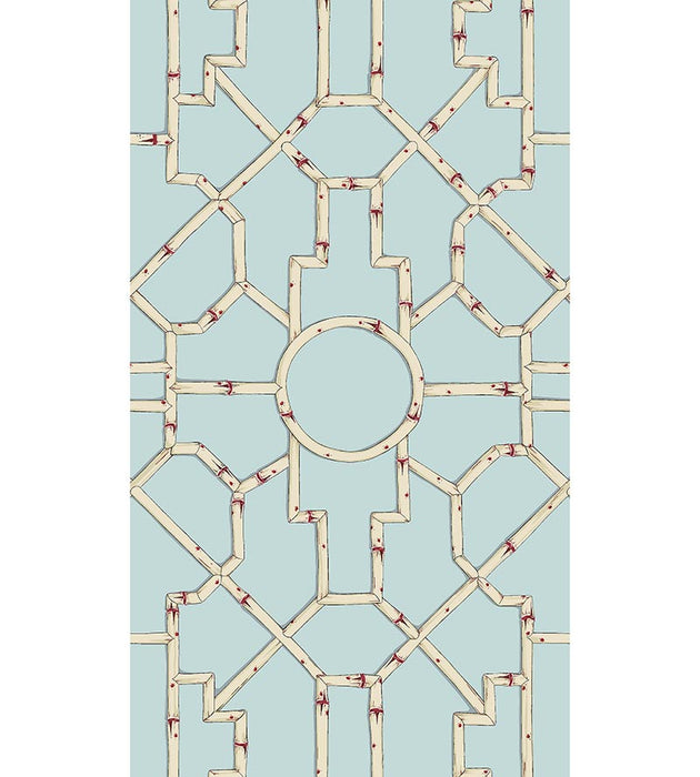 Scalamandre Baldwin Bamboo Cream & Red On Aqua Wallpaper Sample SCWP816300004