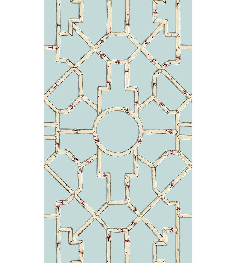 Scalamandre Baldwin Bamboo Cream & Red On Aqua Wallpaper SCWP816300004